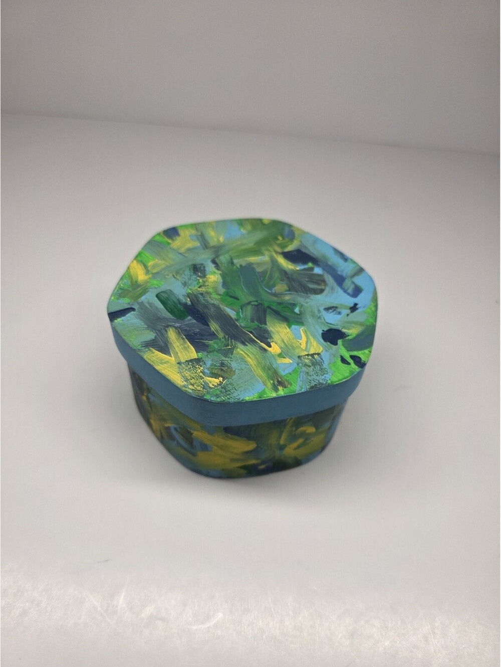 Round Wooden box with Cover mini 5" trinket wood small Hand Painted Decor